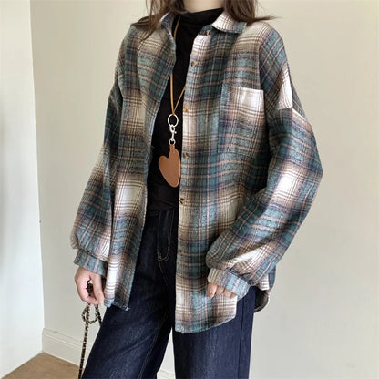 Zjaiss Women Thick Woolen Plaid Blouse Loose Long Sleeved Tops 2025 Autumn Winter New Casual Shirt Long Shirts