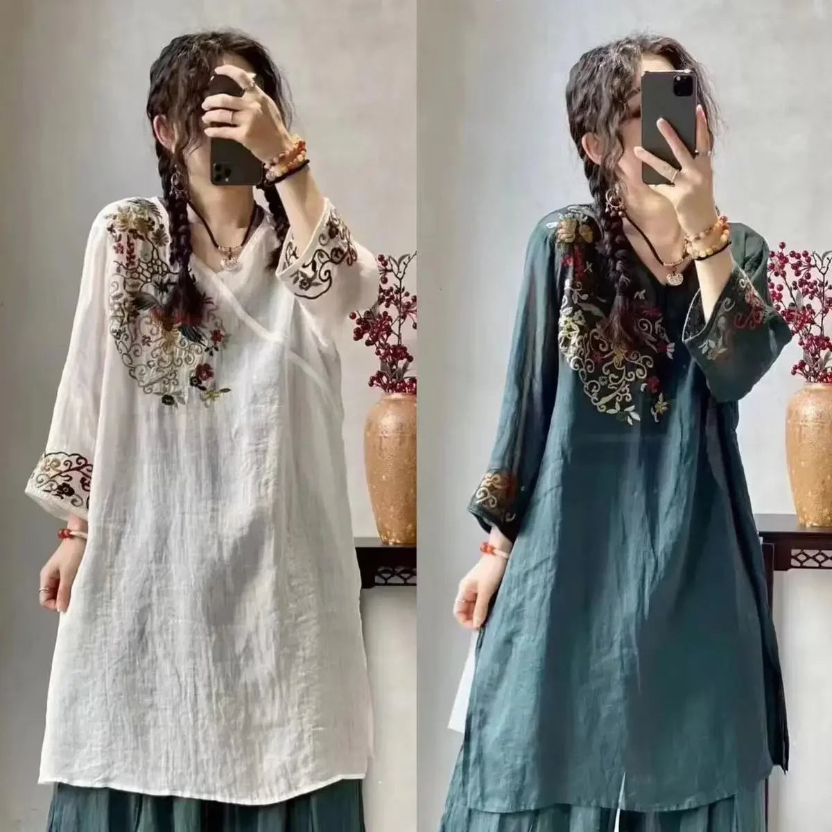 Schwerindustrie besticktes Kleid im Ethno-Stil, mittellang, Sommer, neuer Stil, Retro-Top, Rock mit Neun-Punkt-Ärmeln.