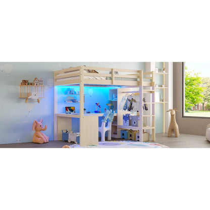 Modernes Kinder-Hochbett 140 x 200 mit Multifunktionsregalen, Unterbett-Schreibtisch, LED-Licht und USB, Kleiderschrank mit Stauraum, für Schlafzimmer