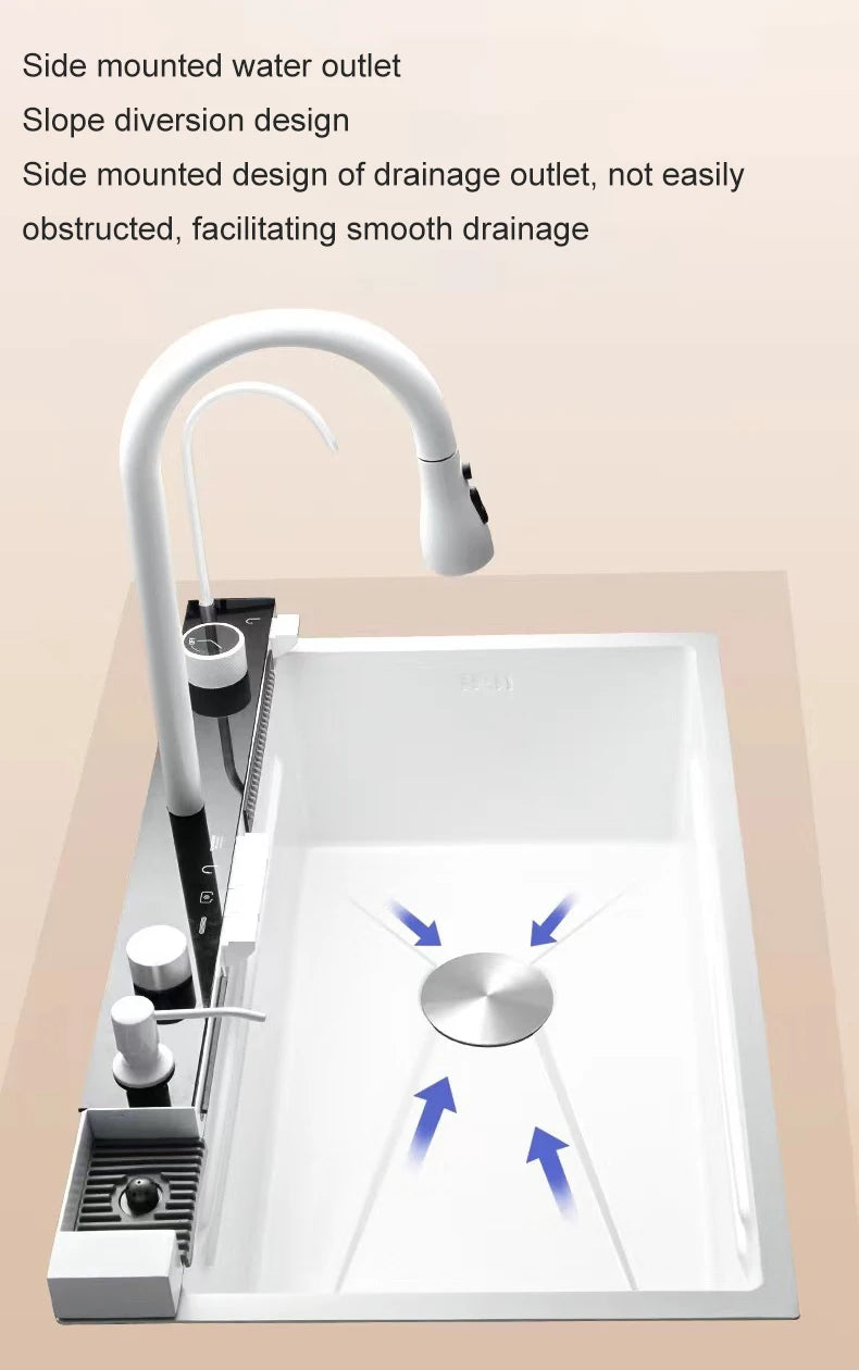 Stainless Steel Kitchen Sink with Hot Cold Pull Out Kitchen Sink Faucets Digital Large Single Bowl Waterfall Rain Kitchen Sinks