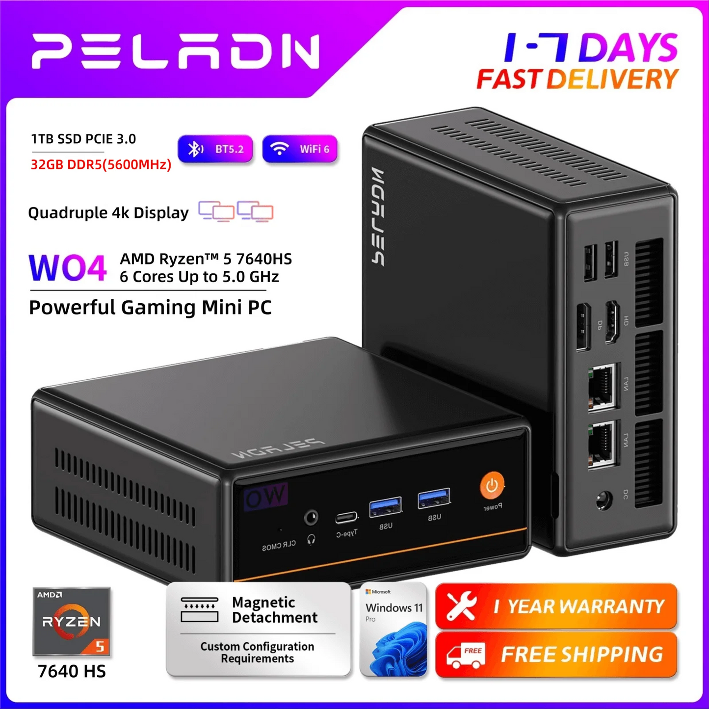 PELADN Gaming WO-4 Mini PC AMD Ryzen 5 7640HS(6 Cores，Up to 5.0GHz) 32GB Dual DDR5 1TB PCIe3.0 SSD Quadruple 4k Display support.