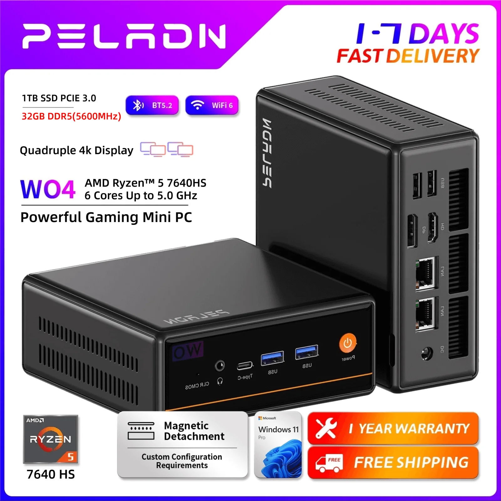 PELADN Gaming WO-4 Mini PC AMD Ryzen 5 7640HS(6 Cores，Up to 5.0GHz) 32GB Dual DDR5 1TB PCIe3.0 SSD Quadruple 4k Display support.