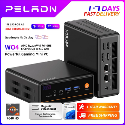 PELADN Gaming WO-4 Mini PC AMD Ryzen 5 7640HS(6 Cores，Up to 5.0GHz) 32GB Dual DDR5 1TB PCIe3.0 SSD Quadruple 4k Display support.