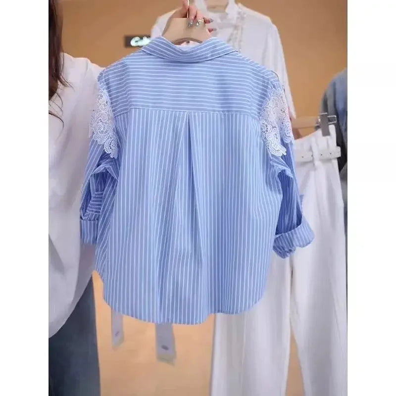 Lace Hook Splicing Polo Neck Striped Women Shirt Spring New Loose Jacket Top.