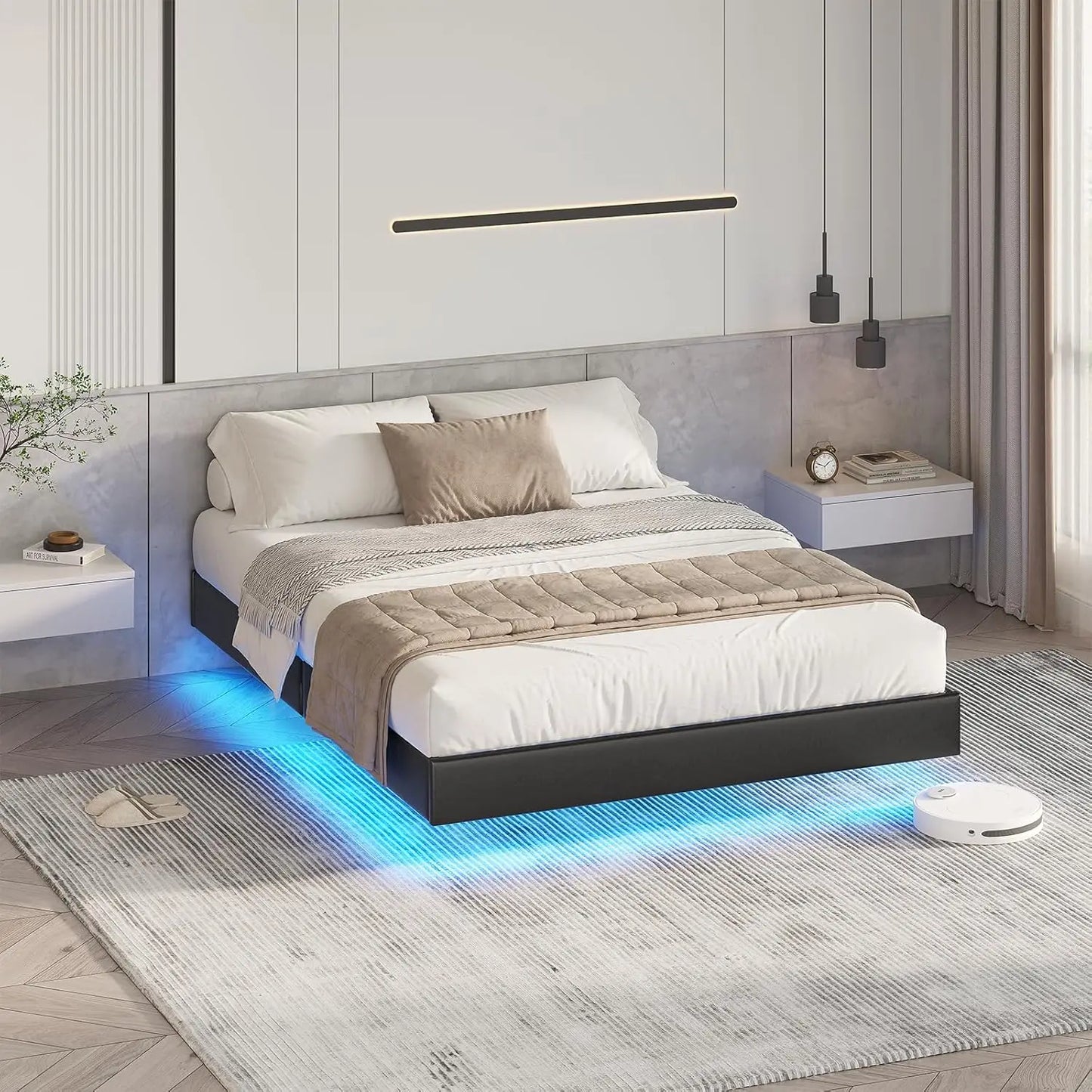 Bett 140x200 mit verstellbarer Beleuchtung, Bettgestell 140x200 mit weicher Polsterung, schwebender Bettrahmen, gepolsterte Jugendbe