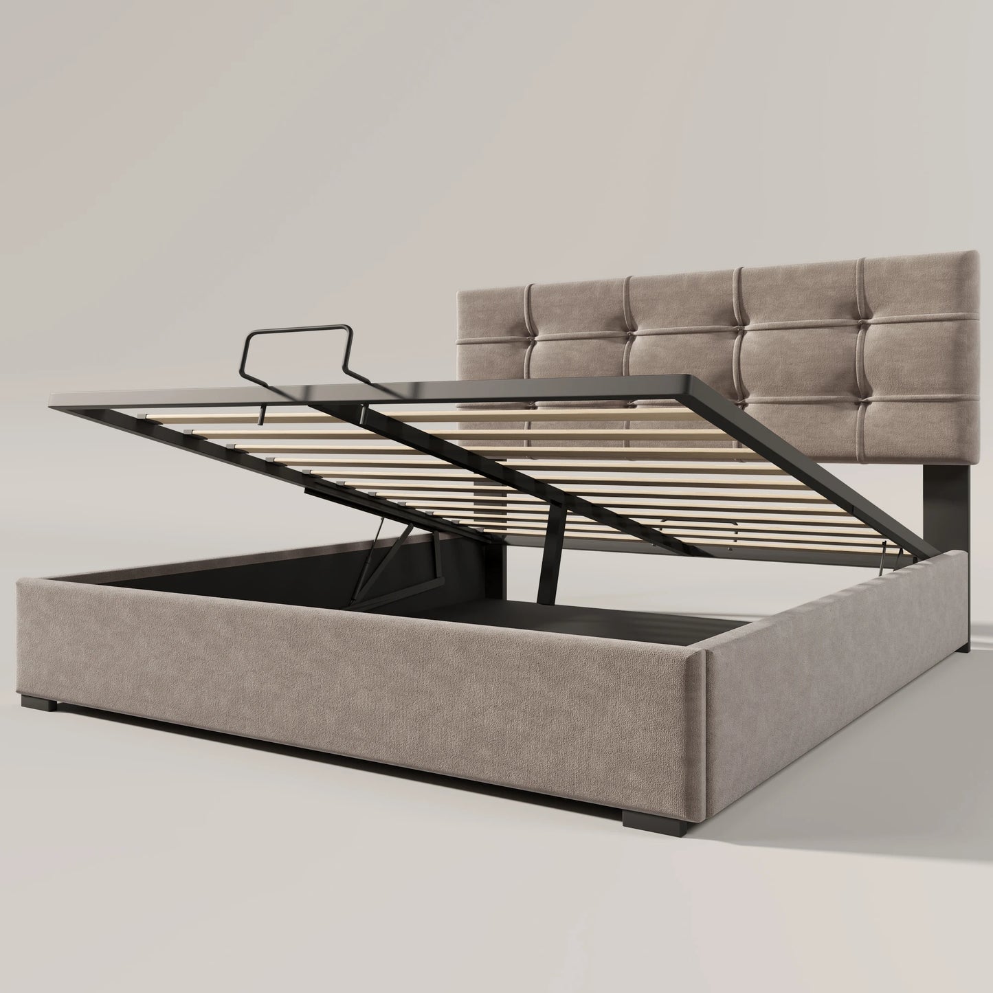 KOMHTOM Hydraulisch Polsterbett Hellgrau - Verstellbares Kopfteil, Metallrahmen-Lattenrost, mit Stauraum, Samtbezug