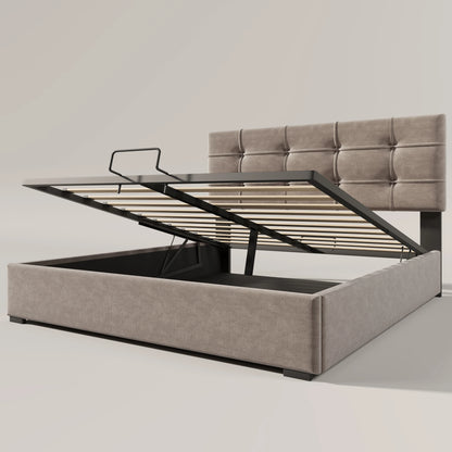 KOMHTOM Hydraulisch Polsterbett Hellgrau - Verstellbares Kopfteil, Metallrahmen-Lattenrost, mit Stauraum, Samtbezug