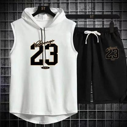 The 2025 new breathable model Men's summer sports suit printed loose breathable short sleeve + jogging shorts suit.