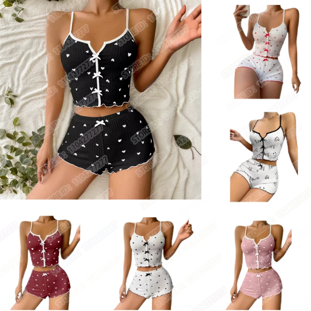 Frauen Sexy Nachtwäsche Pyjamas Set Herz Druck Seide Fleck V-ausschnitt Ärmellose Sexy Dessous Casual Cami und Shorts Sets Loungewear.