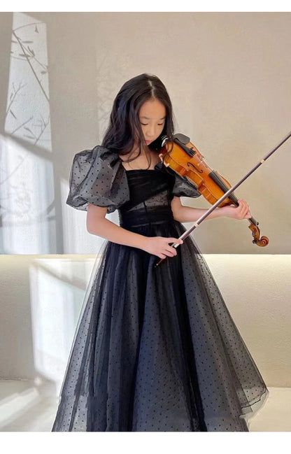 Mädchen Abendkleid für Kinder Elegante Schwarz Vintage Puff Hülse Kleider Teenages Party Kleider Kinder Violine Leistung Vestidos.