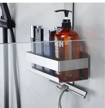 Badezimmer-Tür-Rückseite, hängendes Regal aus Edelstahl über Glastür, Aufbewahrungsregal, Shampoo-Halter, Aufbewahrungstablett für Toilettenartikel mit Haken