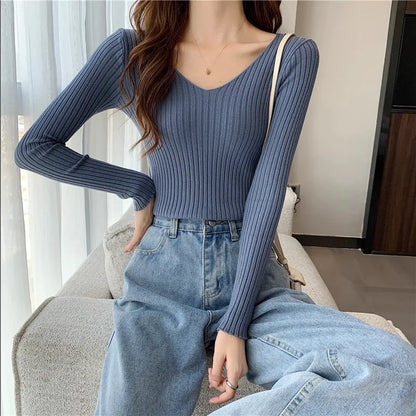 2025 einfarbig Schlank Pullover Koreanische Herbst Winter V-ausschnitt Pullover Mode Lässig Langarm Gestrickte Pullover Frauen Kleidung.
