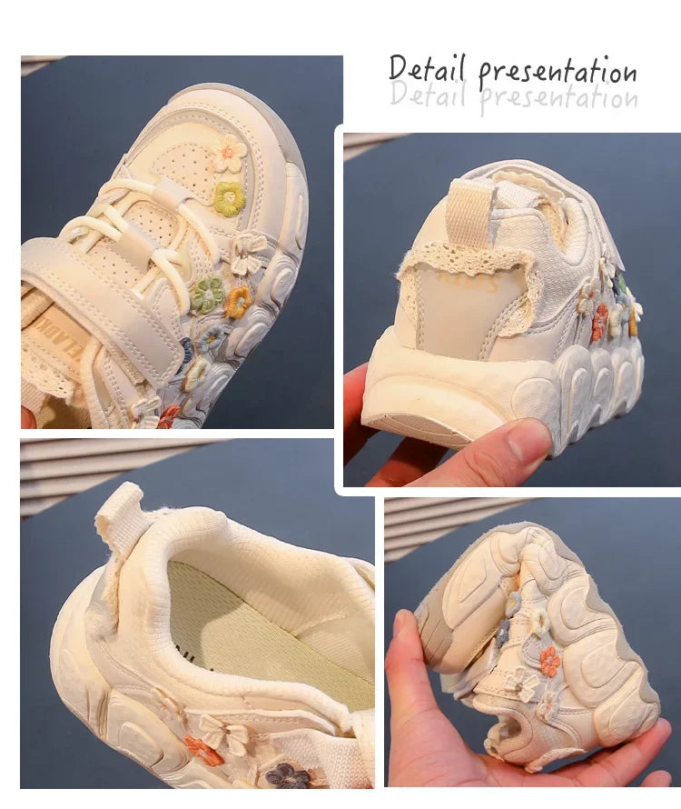 Kids Princess Shoes Thick Soft Sole Trendy Girls Sports Shoes Sweet Embroided 2024 New Fashion Children Sneakers with Flowers.