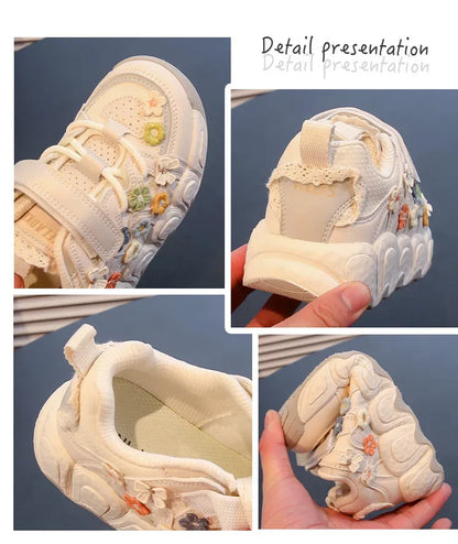 Kids Princess Shoes Thick Soft Sole Trendy Girls Sports Shoes Sweet Embroided 2024 New Fashion Children Sneakers with Flowers.