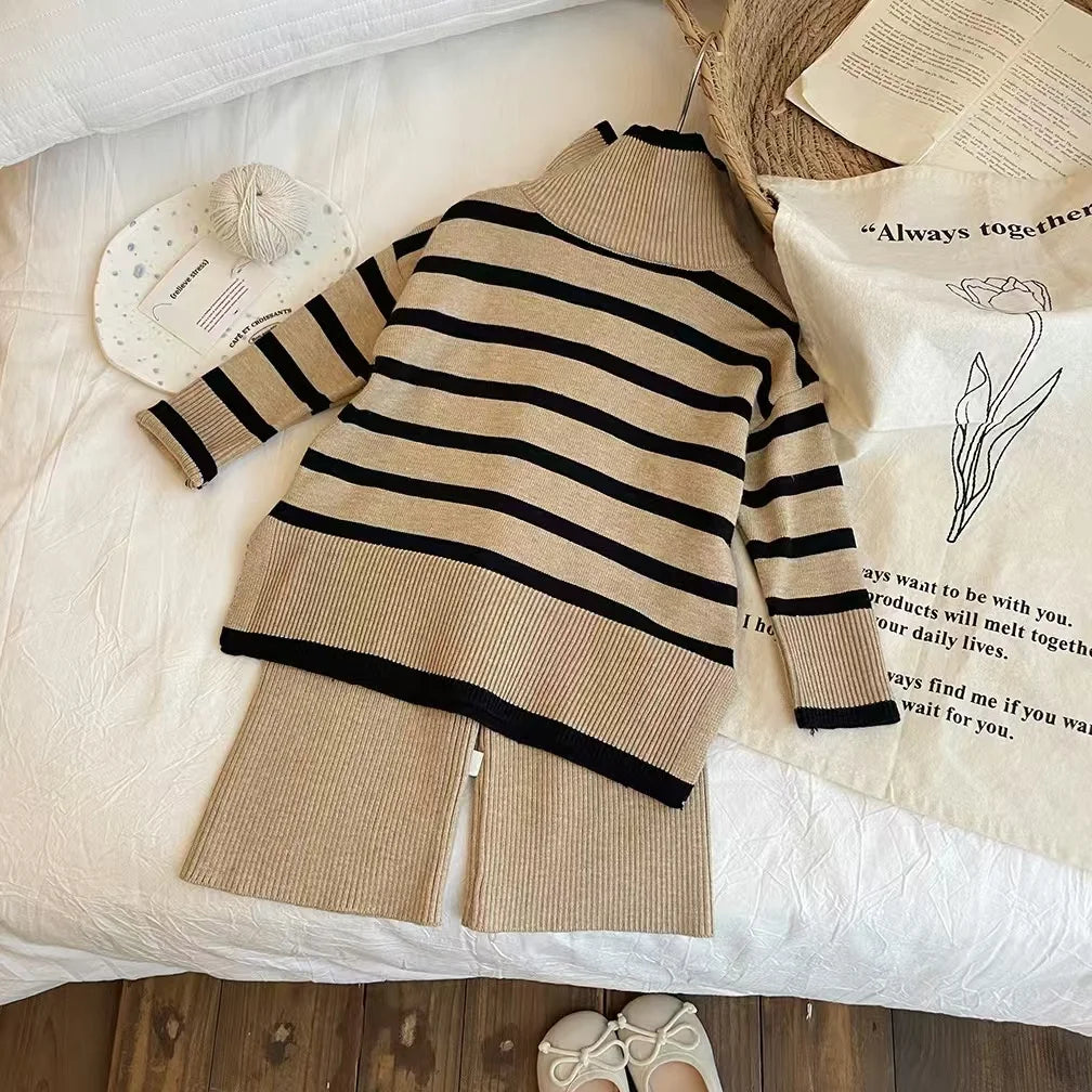 Girls' Autumn/Winter High Collar Sweater Set 2025 New Style Female Baby's Stylish Knitted Sweater Wide Leg Pants Two Piece Set.