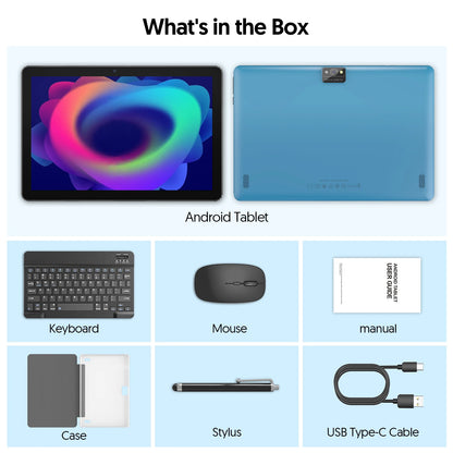 New BAKEN 10-inch Android 15 tablet with 64GB storage, keyboard, leather case, SIM card slot, stylus, mouse, and dual speakers.