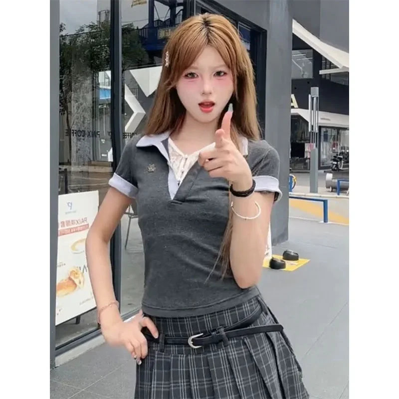 Slim Fit Short Sleeve Polo Neck T-Shirt Women's Summer Fashion Two-Piece Set Heavy Industry Korean Style Spicy Girl Top.
