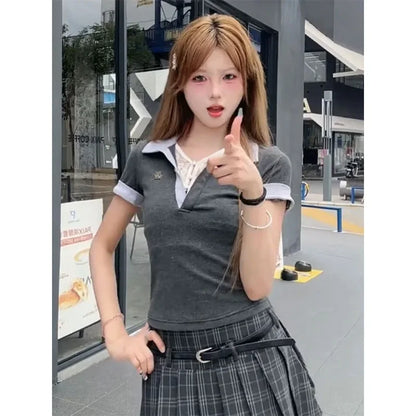 Slim Fit Short Sleeve Polo Neck T-Shirt Women's Summer Fashion Two-Piece Set Heavy Industry Korean Style Spicy Girl Top.