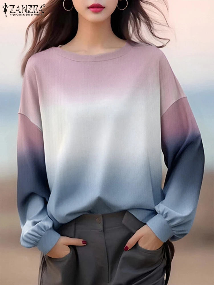 ZANZEA Plus Size Sweatshirts Women Long Sleeve Autumn Fashion Hoodies Gradient Color Round Neck Causal Loose Pullovers 2025 5XL.