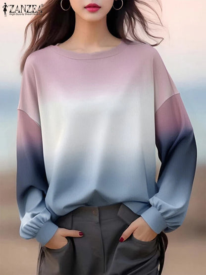ZANZEA Plus Size Sweatshirts Women Long Sleeve Autumn Fashion Hoodies Gradient Color Round Neck Causal Loose Pullovers 2025 5XL.