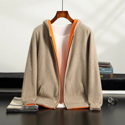 Autumn Winter Pure Cashmere Sweater Double-sided Cardigan Men's Casual Zipper Thickened Cashmere Knitted Hooded Sweater Coat.