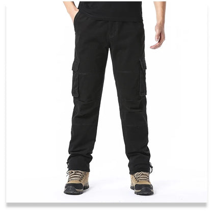 Solid Cotton Multi Flap Pockets Men's Straight Leg Cargo Pants, Loose Casual Outdoor Pants, Men's Work Pants Outdoors Streetwear.