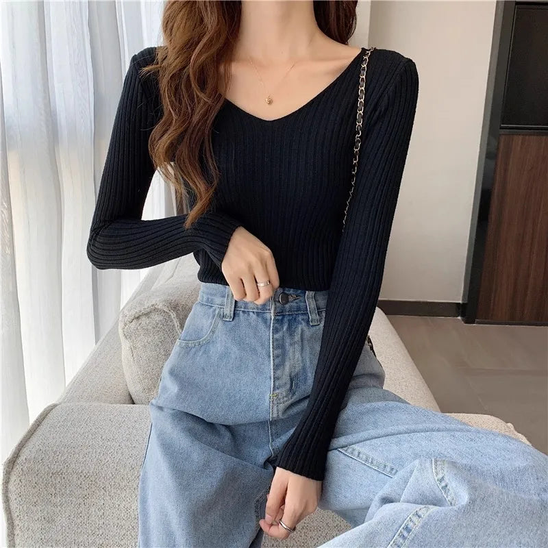 2025 einfarbig Schlank Pullover Koreanische Herbst Winter V-ausschnitt Pullover Mode Lässig Langarm Gestrickte Pullover Frauen Kleidung
