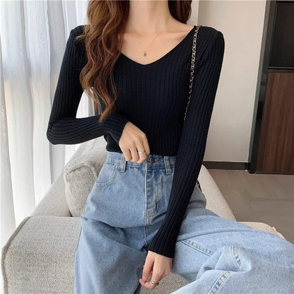 2025 einfarbig Schlank Pullover Koreanische Herbst Winter V-ausschnitt Pullover Mode Lässig Langarm Gestrickte Pullover Frauen Kleidung