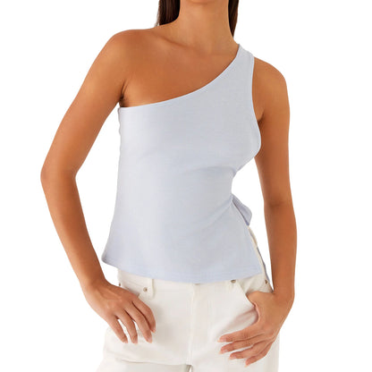 Off One Shoulder Tank Tops for Women Solid Stylish Side Tie Design Summer T-Shirt.