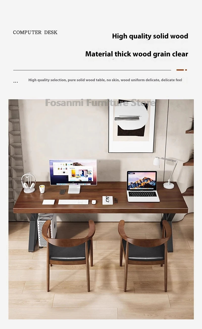 Minimalistischer langer Massivholztisch für das Heimbüro, große Arbeit, Gaming, Arbeitszimmer, Schreibtische für zwei elegante Räume, Computertisch mit Stahlbeinen