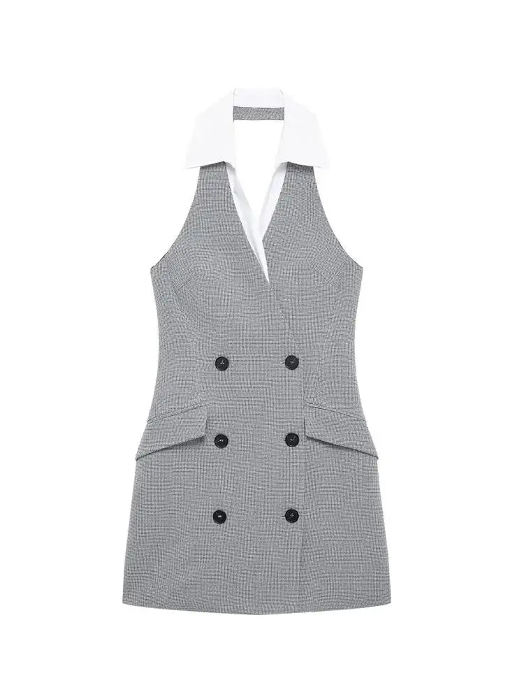 TRZA Mode Zweireiher Plaid Halter Mini Kleid für Frauen Front Klappen Taschen Backless Weibliche Kleider Vestidos Mujer.