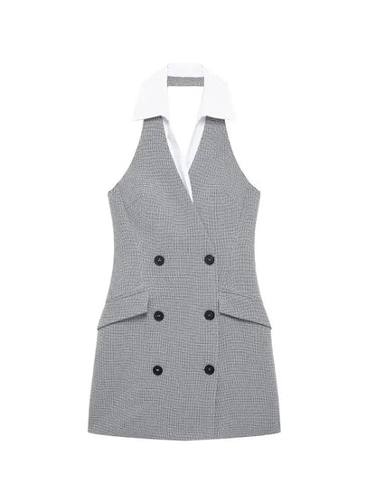 TRZA Mode Zweireiher Plaid Halter Mini Kleid für Frauen Front Klappen Taschen Backless Weibliche Kleider Vestidos Mujer.