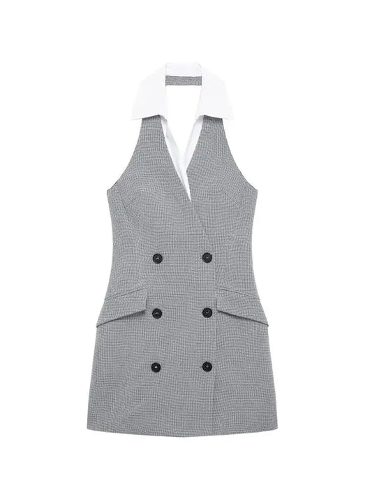 TRZA Mode Zweireiher Plaid Halter Mini Kleid für Frauen Front Klappen Taschen Backless Weibliche Kleider Vestidos Mujer.