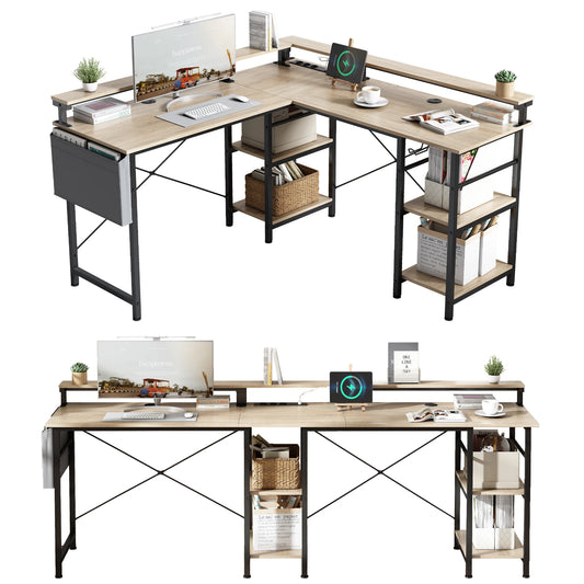 Großer Eckschreibtisch L-Form mit Regal, Monitorständer, Ablage, flexibel montierbar, Beige