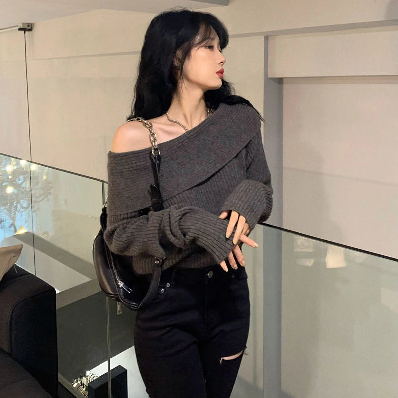 Lucyever Slash Neck Strick pullover Frauen sexy schulter freie Langarm pullover weibliche koreanische elegante verdicken schlanke Pullover Top