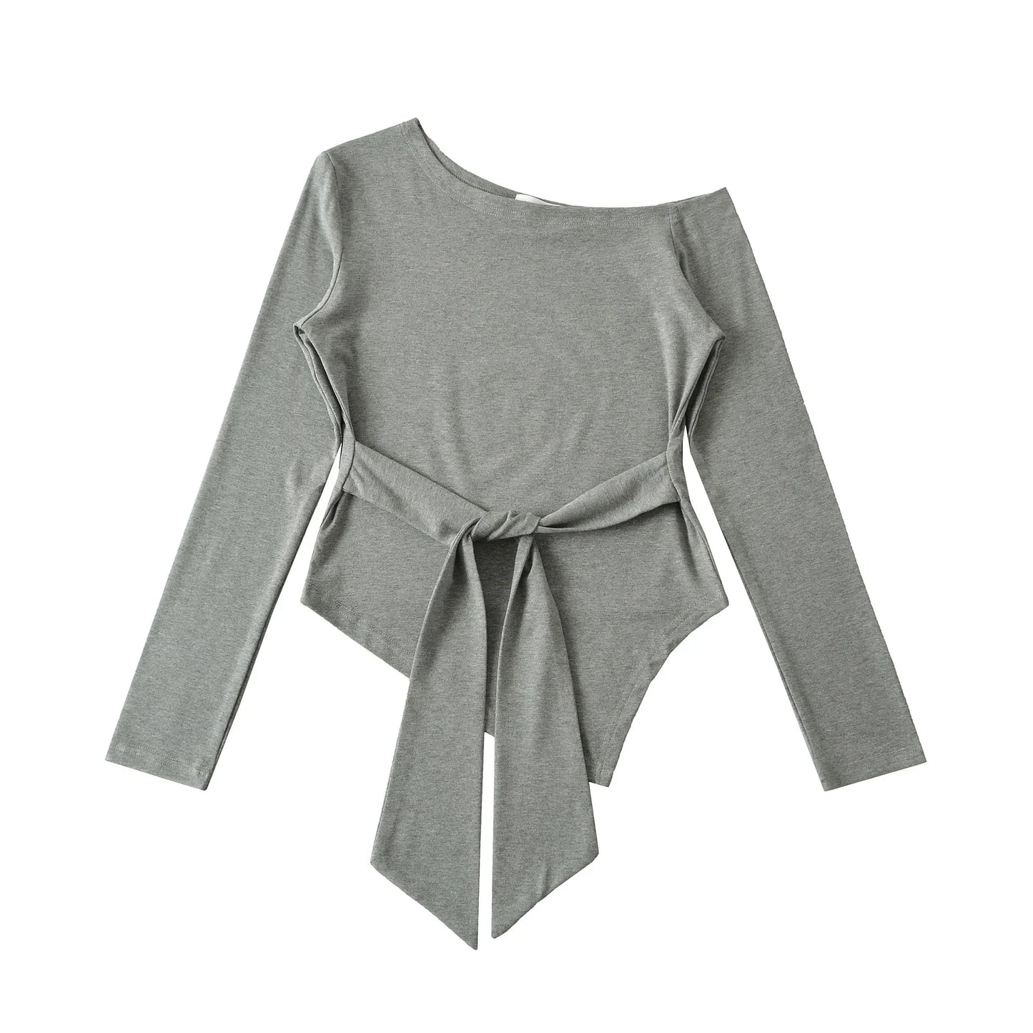 Sexy Long Sleeve T-Shirt Women's Waist Cinched Shoulder Bared Strap Design Autumn 2025 Irregular Halter Neck Top for Trendy Girl.