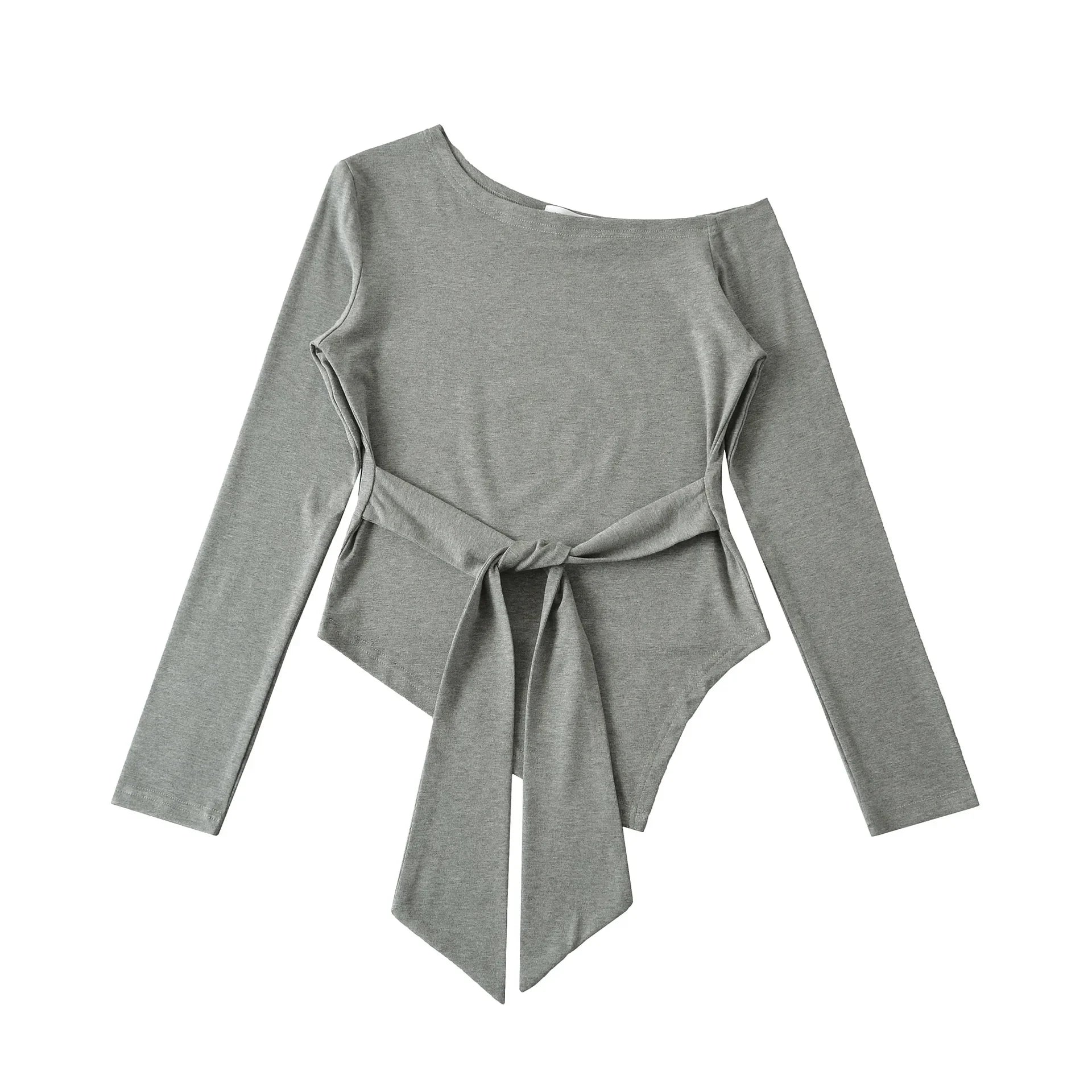 Sexy Long Sleeve T-Shirt Women's Waist Cinched Shoulder Bared Strap Design Autumn 2025 Irregular Halter Neck Top for Trendy Girl.