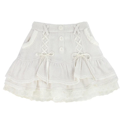 Japanese lolita kawaii clothes pink mini skirt with shorts Lace High Waist korean style women 2025 new fall White skirt fluffy.