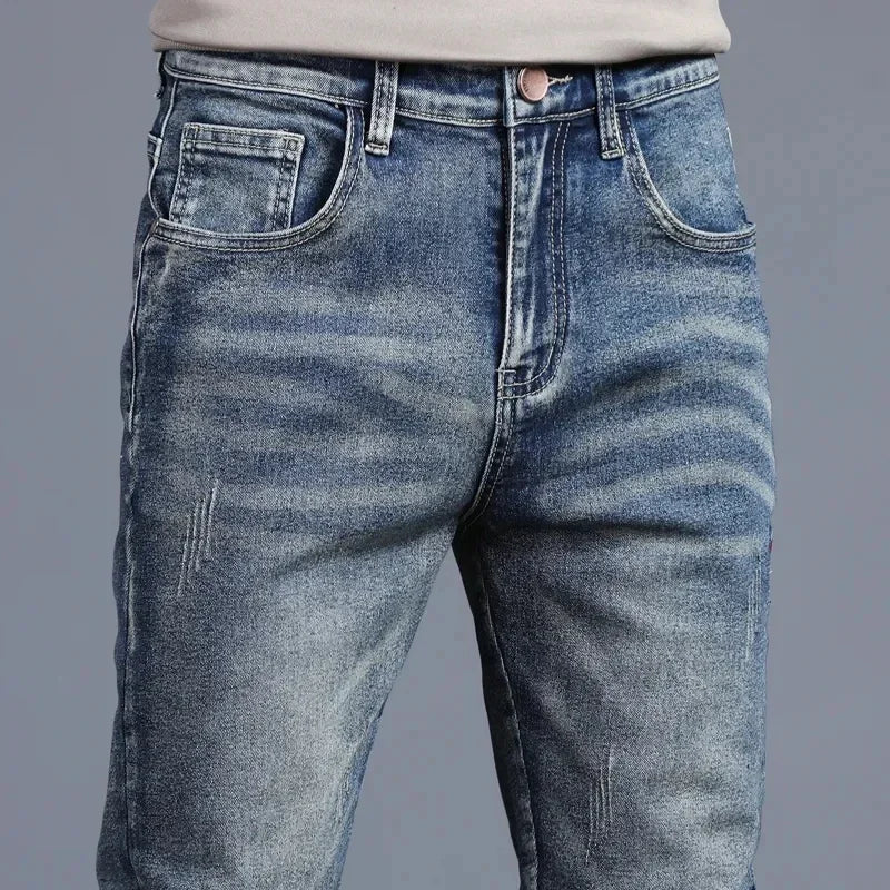 New Men's Vintage Jeans Korean Fashion Slim Little Feet Embroidered Trousers Stretch Male Streetwear Denim Pants.