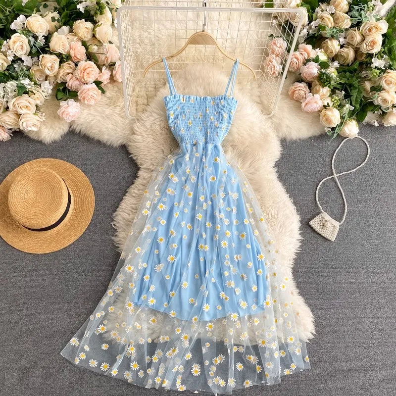 Frauen Kleid 2023 Neue Sommer Mode Fee Mesh Party Kleid Koreanische Pop Floral Print Urlaub Strand Kleid Streetwear Sommerkleid.