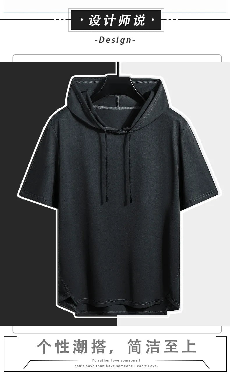 2025 Men's Summer Hoodies T-shirts Short Sleeve Solid Color Loose Hooded Drawstring Pullover Tops Basic Tees for Daily Wear Male.