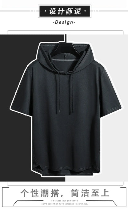 2025 Men's Summer Hoodies T-shirts Short Sleeve Solid Color Loose Hooded Drawstring Pullover Tops Basic Tees for Daily Wear Male.