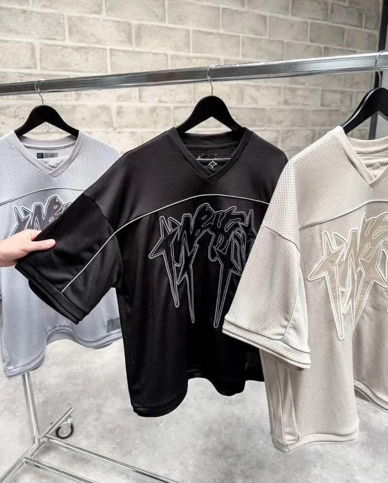 American fashion trend Gothic letter embroidery pattern oversized T-shirt men's retro loose fitting pullover short sleeved shirt.