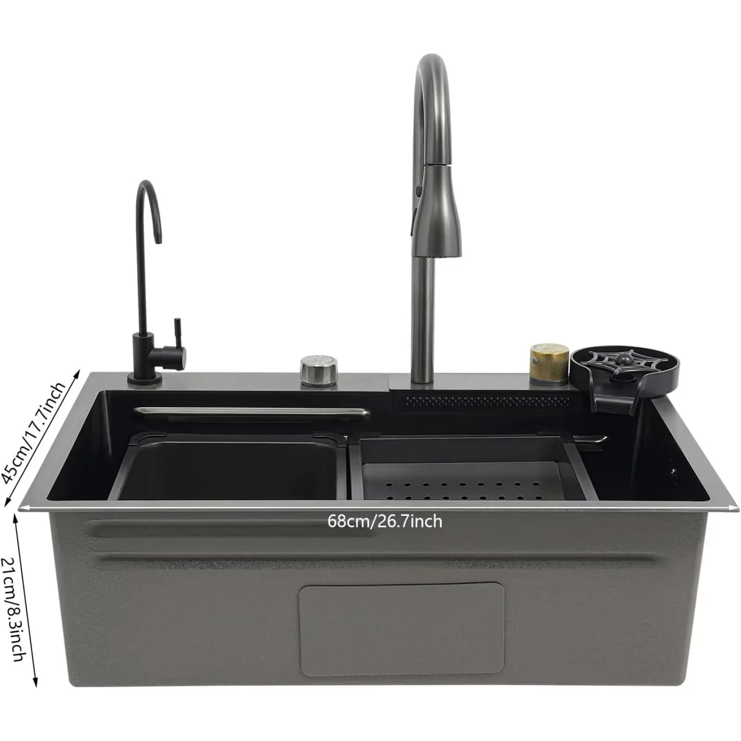 BYMAOCAR Edelstahlspüle, Küchenspüle mit ausziehbarem Wasserhahn, Haushaltsspülbecken-Set, Edelstahl-Wasserfallspüle 68 x 45 x 21 cm