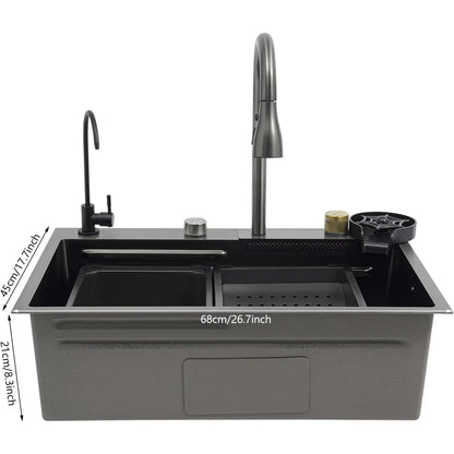 BYMAOCAR Edelstahlspüle, Küchenspüle mit ausziehbarem Wasserhahn, Haushaltsspülbecken-Set, Edelstahl-Wasserfallspüle 68 x 45 x 21 cm