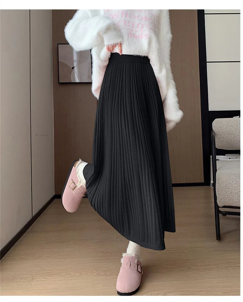 Sweet Vintage Knitted Long Skirts Women Preppy Style High Waist Loose A Line Skirts Fall Winter Retro Simple Elegant Long Skirts