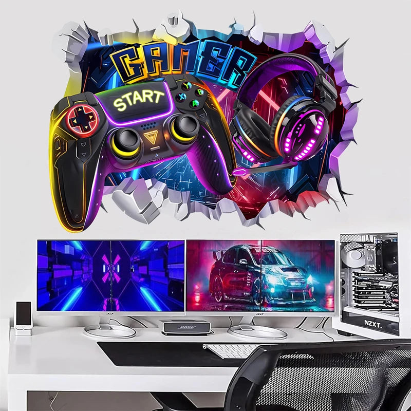 Larger Game Poster 3D Wall Hole Art Cool Gamer Zone Gamepad Vinyl Mural Stickers Home Decoration for Kids Bedroom Gaming Rooms.