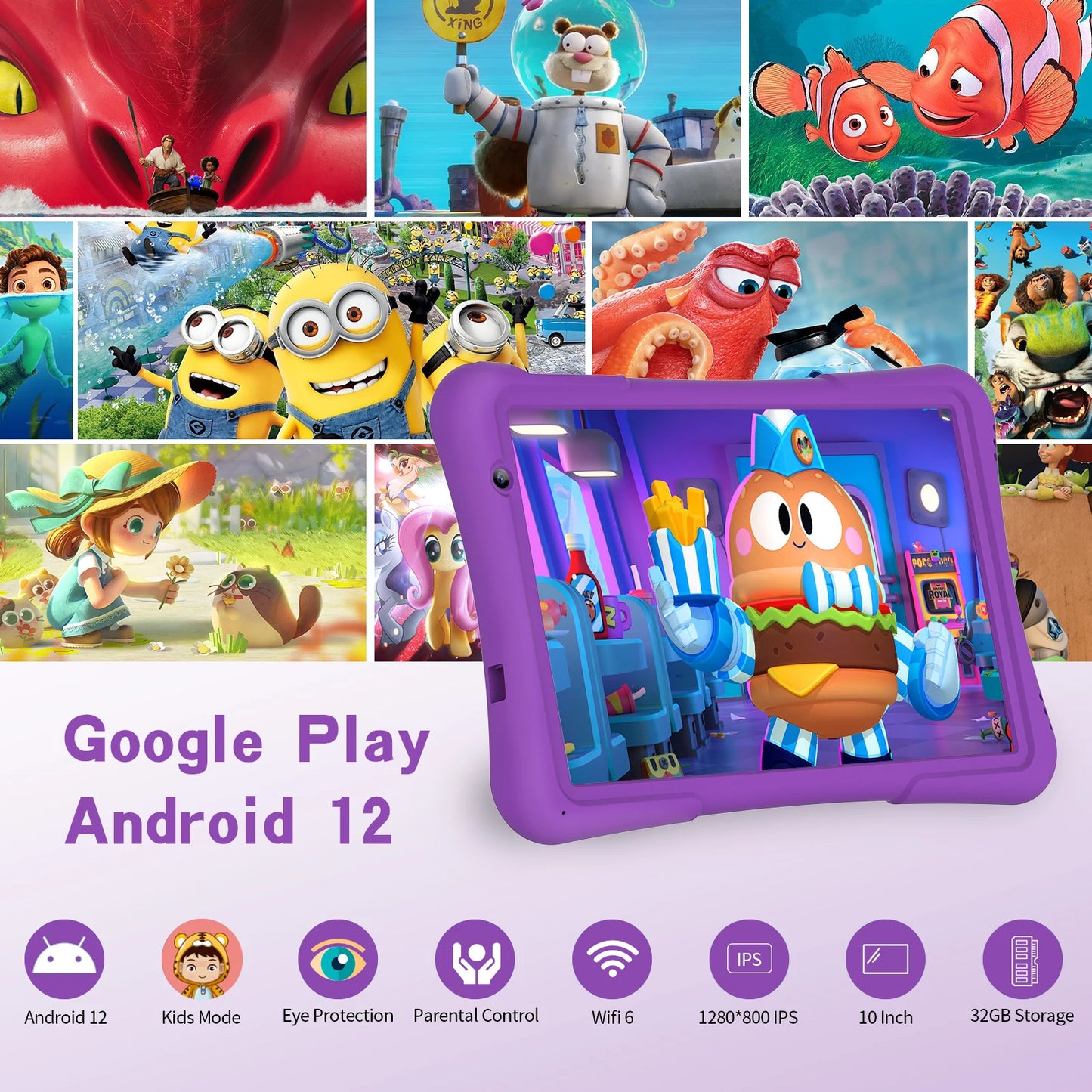 PRITOM 10 inch kids Android tablet, 4GB(2+2)+32GB, Quad Core, 6000 mAh, WiFi 6, Dual Camera, Bluetooth, Toddler Tablet.