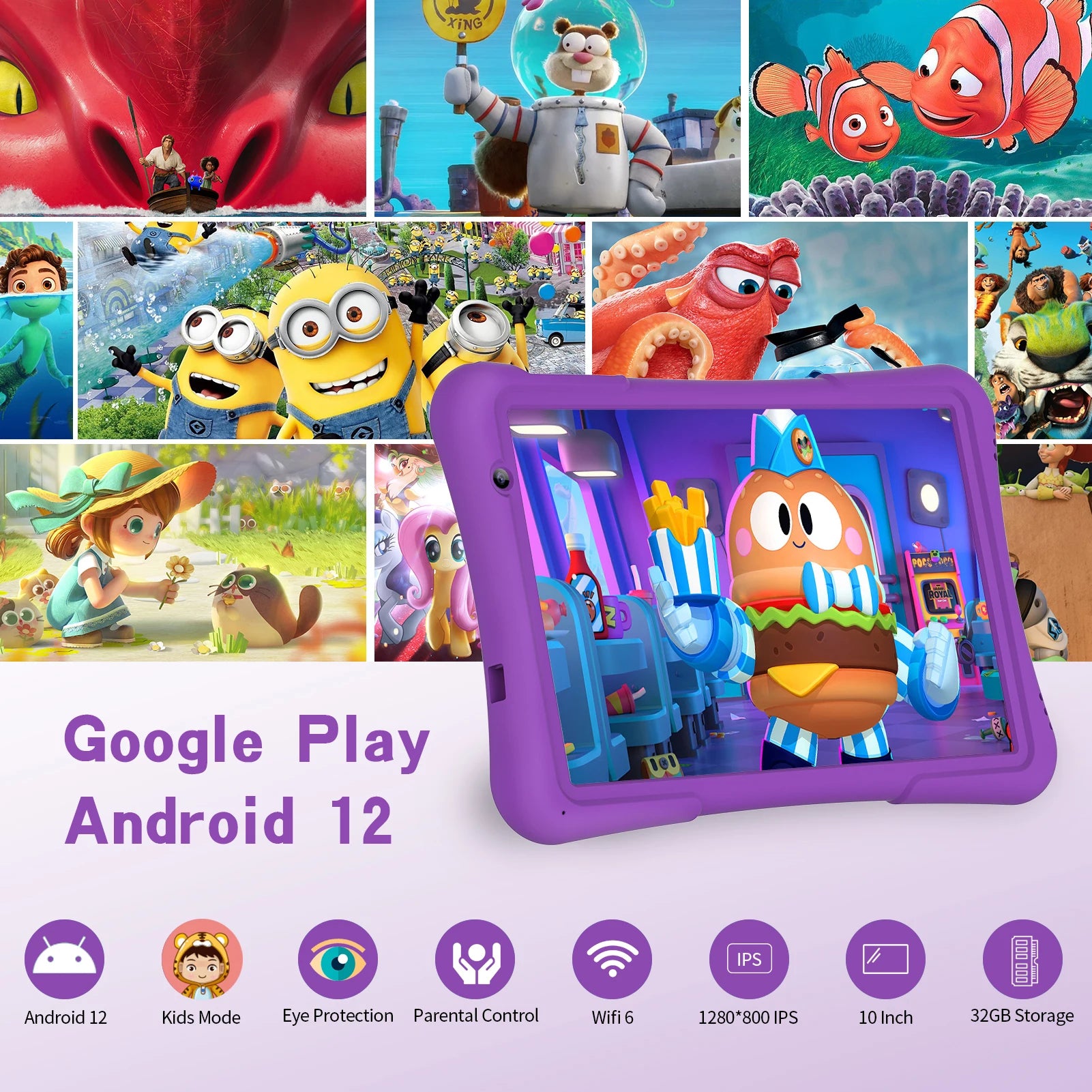 PRITOM 10 inch kids Android tablet, 4GB(2+2)+32GB, Quad Core, 6000 mAh, WiFi 6, Dual Camera, Bluetooth, Toddler Tablet.