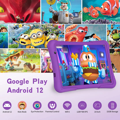 PRITOM 10 inch kids Android tablet, 4GB(2+2)+32GB, Quad Core, 6000 mAh, WiFi 6, Dual Camera, Bluetooth, Toddler Tablet.